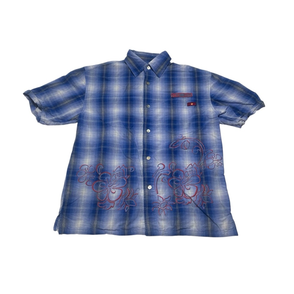 Vintage Bugle Boy Company Blue Plaid Button Down Shirt with Flowers Men’s Size S